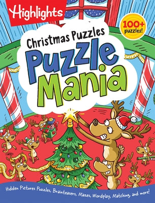Highlights Press Christmas Puzzles paperback with over 100 holiday-themed puzzles including hidden pictures and brain teasers.