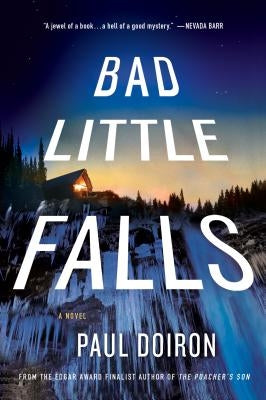 Paperback of Bad Little Falls by Minotaur Books featuring a dark, moody cover illustration with a cityscape background.