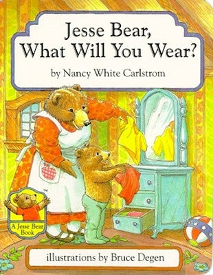 Jesse Bear board book titled "What Will You Wear?" by Little Simon, featuring colorful illustrations of Jesse choosing clothes.