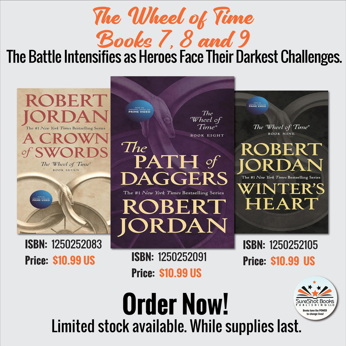 Stack of The Wheel of Time books 7, 8, and 9 by Robert Jordan, featuring detailed cover art and titles on the spines.