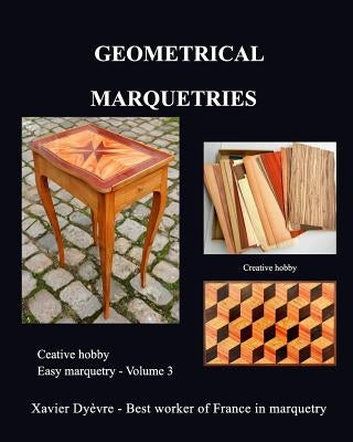 Paperback book titled "Geometric Marquetry" by Blurb, featuring a colorful geometric marquetry cover design.