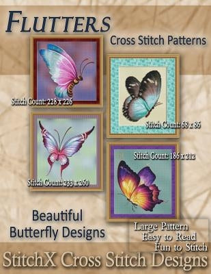 Paperback Flutters Cross Stitch Patterns book featuring beautiful butterfly designs for embroidery and needlework enthusiasts.