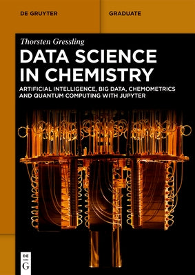 Paperback book titled "Data Science in Chemistry" by de Gruyter, featuring a cover with scientific graphics and chemical data imagery.