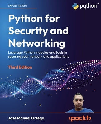Paperback book titled "Python for Security and Networking" by Packt Publishing, featuring a cover with Python code and cybersecurity icons.