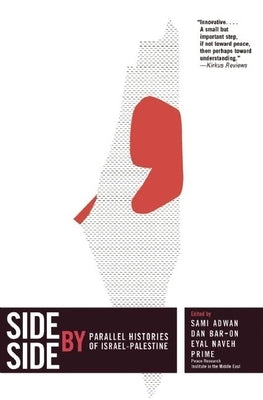 Open book titled "Side by Side: Parallel Histories of Israel-Palestine" showing pages with text and maps on a wooden surface.