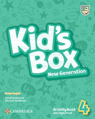 Kid's Box New Generation Level 4 activity book with digital pack, paperback edition by Cambridge University Press, featuring colorful cover.
