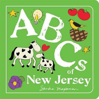 Hometown World ABCs of New Jersey board book showing colorful illustrations of New Jersey landmarks and alphabet letters.