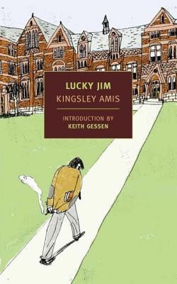 Paperback of Lucky Jim by New York Review of Books, featuring a cover with vintage artwork and book title.