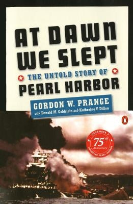 Cover of "At Dawn We Slept" by Penguin Books, featuring a historical Pearl Harbor scene with navy ships and a sunrise background.