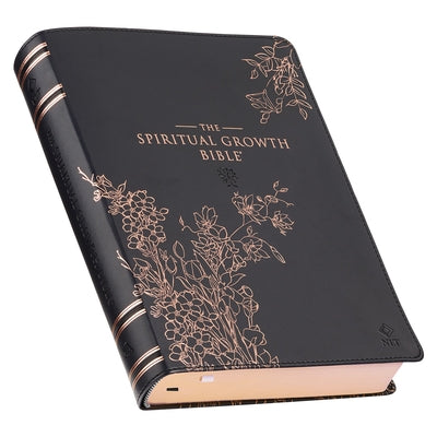 The Spiritual Growth Bible, Study Bible, NLT - New Living Translation Holy Bible, Faux Leather, Black Rose Gold Debossed Floral Bible Christian Art Gifts
