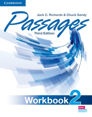 Passages Level 2 Workbook, Cambridge University Press paperback, open pages showing reading exercises and practice activities.