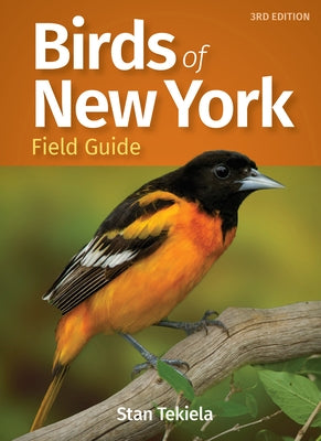 Paperback Birds of New York Field Guide by Adventure Publications showing colorful illustrations of local bird species.