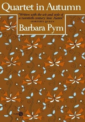 Open book titled "Quartet in Autumn" by Plume Books with autumn-themed cover art and warm, seasonal colors.