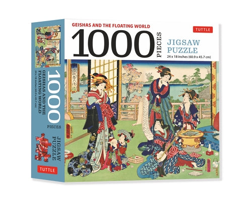 Finished 1000-piece jigsaw puzzle featuring traditional geishas and the floating world scene by Tuttle Publishing, 24 x 18 inches.