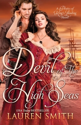 Paperback copy of "Devil of the High Seas" by Lauren Smith with a dark, illustrated cover featuring nautical and devilish themes.