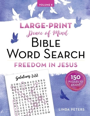 Paperback Peace of Mind Bible Word Search by Good Books, featuring a colorful cover with religious themes and a word search puzzle page.