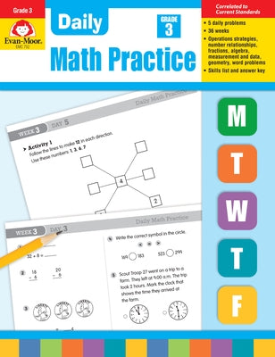 Paperback daily math practice book for Grade 3 by Evan-Moor Educational Publishers, featuring colorful math exercises and activities.