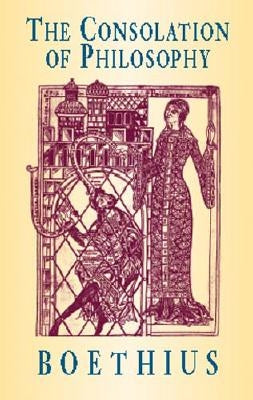 Open book titled "The Consolation of Philosophy" by Dover Publications, showing its cover with classic design elements.