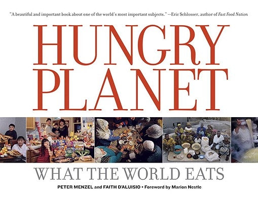 Paperback copy of Hungry Planet: What the World Eats by Material World, showing colorful images of global food scenes.
