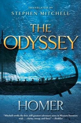 Open copy of The Odyssey book by Stephen Mitchell, translated by Atria Books, showing the cover with ancient Greek art.