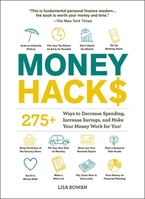 Paperback book titled "Money Hacks" by Adams Media Corporation, featuring a cover with financial tips and dollar symbols.