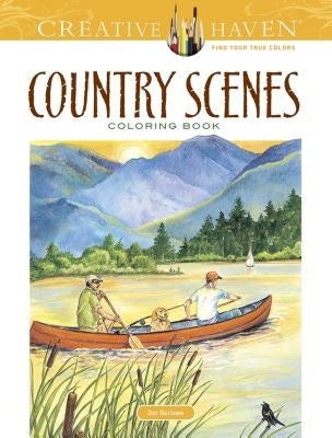 Open paperback of Dover Publications' Country Scenes Coloring Book showcasing detailed rural landscapes and charming country scenes.