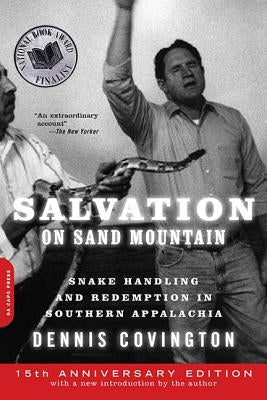 Paperback book titled "Salvation on Sand Mountain" by Da Capo Press, featuring a cover image with Southern Appalachian snake handling scene.