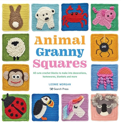 Open paperback book titled "Animal Granny Squares" showing colorful crochet blocks for decorations, homewares, and blankets.