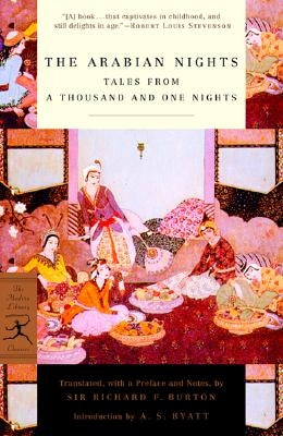 Paperback of The Arabian Nights: Tales from a Thousand and One Nights by Modern Library, showing the book cover with intricate design.
