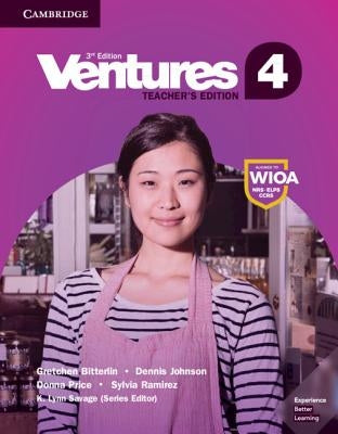 Cambridge University Press Ventures Level 4 Teacher's Edition paperback textbook with colorful cover and educational content.