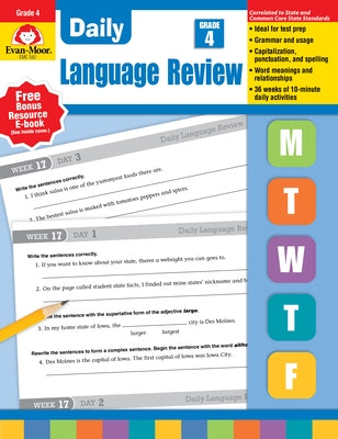 Paperback Daily Language Review Grade 4 book by Evan-Moor Educational Publishers with colorful cover and sample pages visible.