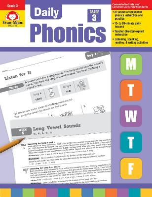 Paperback Daily Phonics Grade 3 workbook by Evan-Moor Educational Publishers with colorful phonics exercises and illustrations.