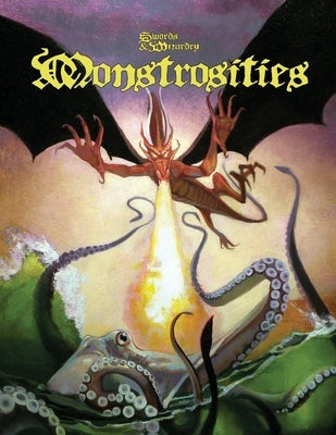 Paperback copy of Monstrosities: Swords and Wizardry tabletop role-playing game by Frog God Games, featuring fantasy artwork on cover.