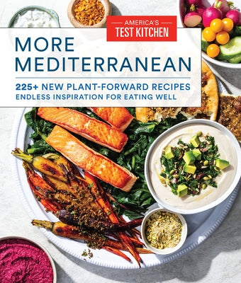 Paperback cookbook titled "More Mediterranean" by America's Test Kitchen, featuring vibrant images of plant-forward Mediterranean dishes.