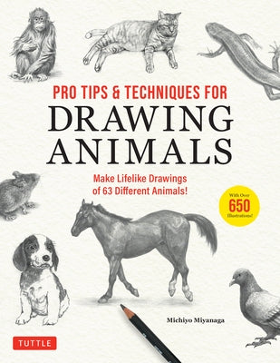 Paperback book titled "Pro Tips & Techniques for Drawing Animals" by Tuttle Publishing, featuring colorful animal illustrations on the cover.