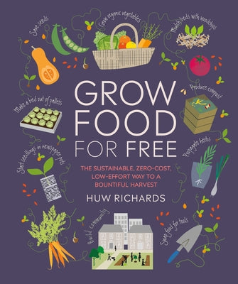 Paperback book titled "Grow Food for Free" by DK Publishing, featuring a vibrant cover with illustrations of lush vegetables and gardening tools.