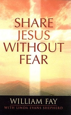 Open book titled "Share Jesus Without Fear" by B&H Books, showing its cover with a peaceful background and bold typography.
