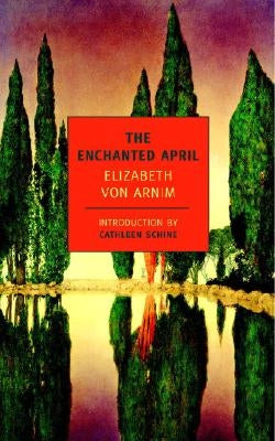 Paperback of "The Enchanted April" by New York Review of Books featuring the book cover with floral artwork and title text.