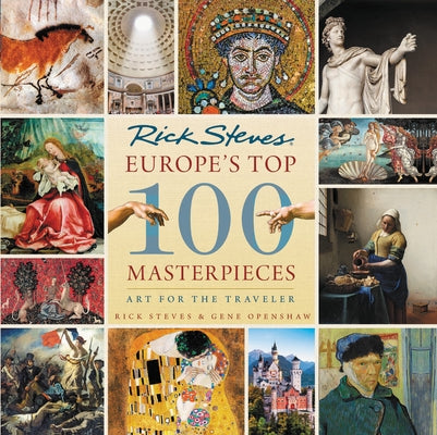 Paperback book titled Europe's Top 100 Masterpieces: Art for the Traveler by Rick Steves, featuring cover art of famous European artworks.