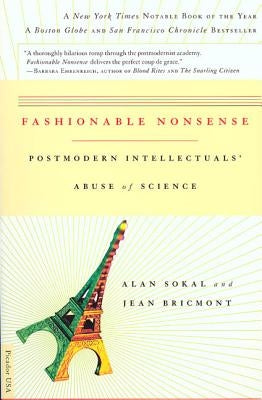 Cover image of "Fashionable Nonsense" by Picador USA, featuring a book with abstract artwork related to postmodern intellectuals and science.