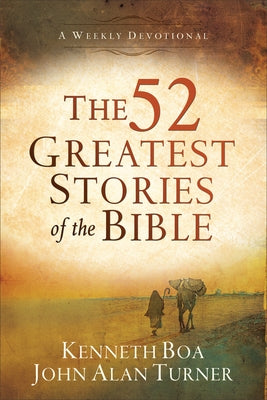 Paperback copy of The 52 Greatest Stories of the Bible devotional book by Baker Books, featuring colorful biblical story illustrations.