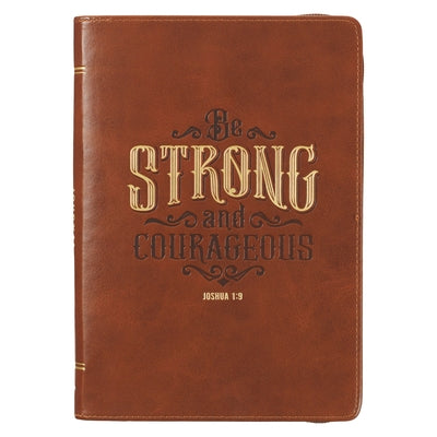 Christian Art Gifts Scripture Journal Brown Be Strong Joshua 1:9 Bible Verse Inspirational Faux Leather Notebook, Zipper Closure, 336 Ruled Pages, Rib Leather Christian Art Gifts