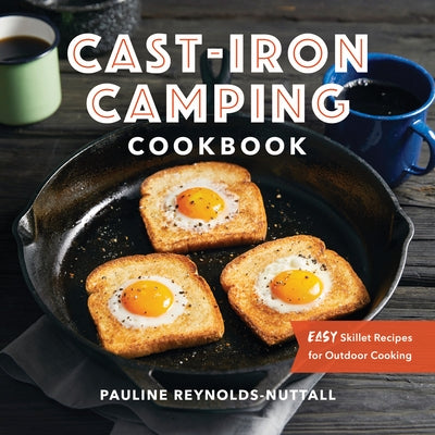 Paperback Cast-Iron Camping Cookbook by Rockridge Press with skillet recipes for outdoor cooking, shown with a camping setting.