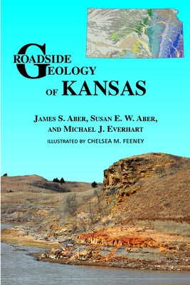 Paperback book titled "Roadside Geology of Kansas" by Mountain Press, showing a detailed geological map on the cover.