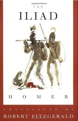Open copy of The Iliad by Homer in The Fitzgerald Translation, published by Farrar, Straus and Giroux, showing the book's cover and pages.