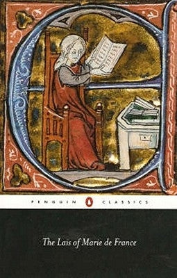Open copy of "The Lais of Marie de France" by Penguin Group, featuring classic vintage book cover artwork.