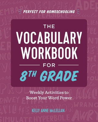 Open paperback of The Vocabulary Workbook for 8th Grade by Rockridge Press showing colorful activity pages to boost word skills.