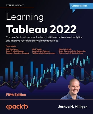 Paperback book titled Learning Tableau 2022 Fifth Edition by Packt Publishing, featuring data visualizations and interactive analytics.