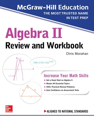 Algebra II review and workbook by McGraw-Hill Companies showing practice problems and colorful educational pages.