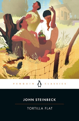 Paperback copy of "Tortilla Flat" by Penguin Group, showing the book cover with title and author details.